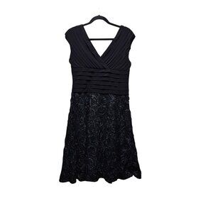 Adrianna Papell Black Pleated Bodice & Floral Skirt Sleeveless Dress Size 14 Pol